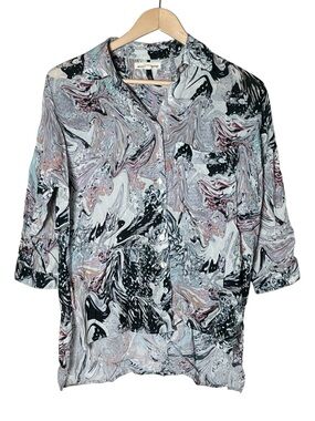Morrison Grey Paisley print button down blouse top shirt size XS B148